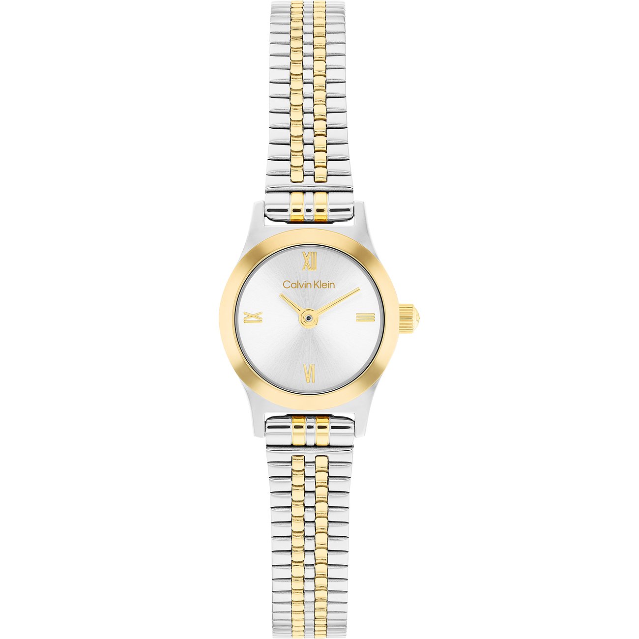 Eine Calvin Klein Damenuhr aus Edelstahl von oben, mit gold- und silberfarbenen Gliedern und einem weißen Zifferblatt.