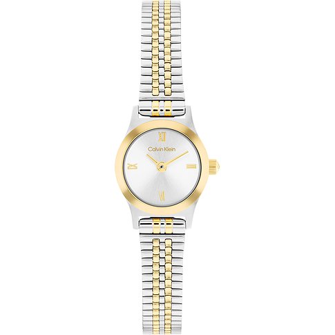 Eine Calvin Klein Damenuhr aus Edelstahl von oben, mit gold- und silberfarbenen Gliedern und einem weißen Zifferblatt.