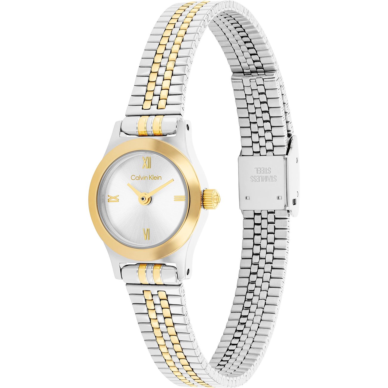 Nahaufnahme einer Calvin Klein Damenuhr aus bicolor Edelstahl mit goldenem Zifferblatt und römischen Ziffern.