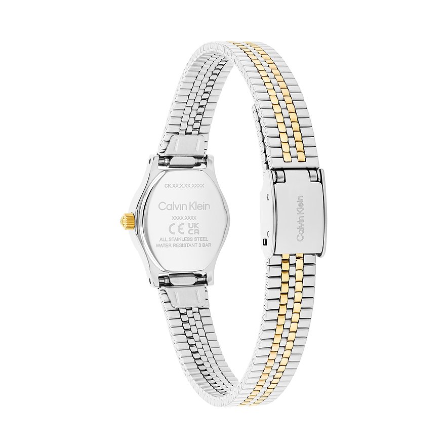 Rückansicht der Calvin Klein Damenuhr aus Edelstahl mit silber- und goldfarbenem Gliederarmband.