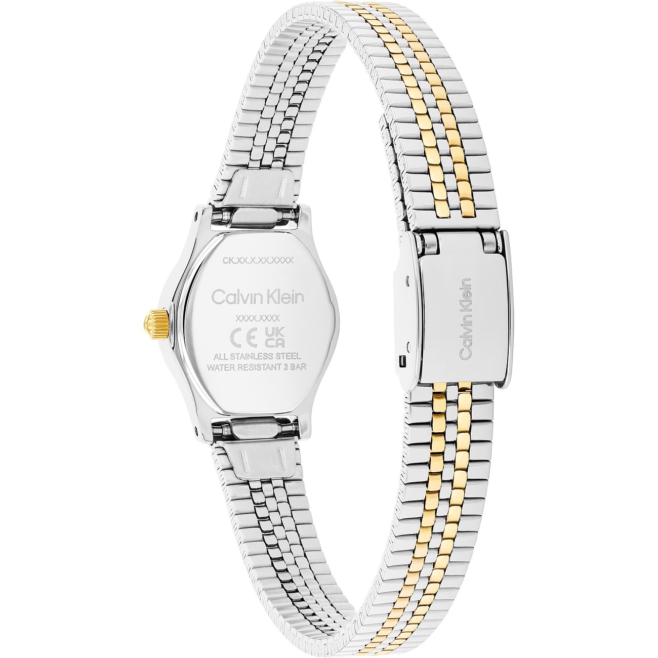 Rückansicht der Calvin Klein Damenuhr aus Edelstahl mit silber- und goldfarbenem Gliederarmband.