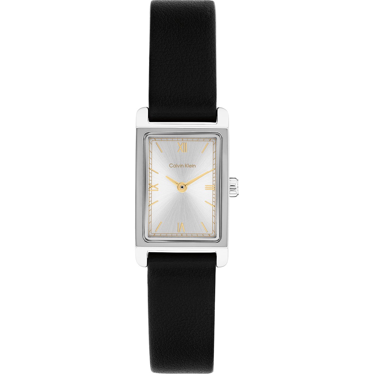 Calvin Klein Damenuhr aus Edelstahl mit rechteckigem silbernem Zifferblatt und schwarzem Lederarmband.