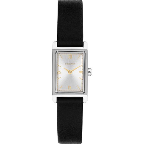 Calvin Klein Damenuhr aus Edelstahl mit rechteckigem silbernem Zifferblatt und schwarzem Lederarmband.