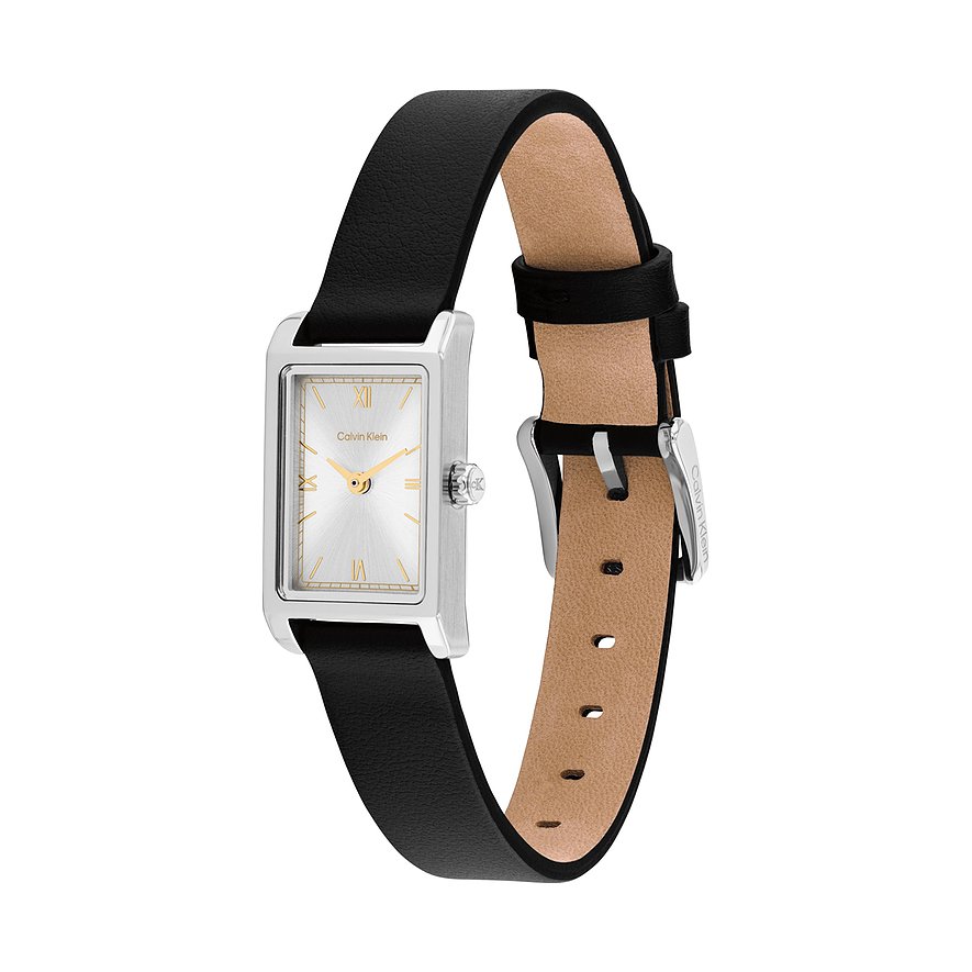 Calvin Klein Damenuhr aus Edelstahl mit rechteckigem Zifferblatt und schwarzem Lederband, Draufsicht.