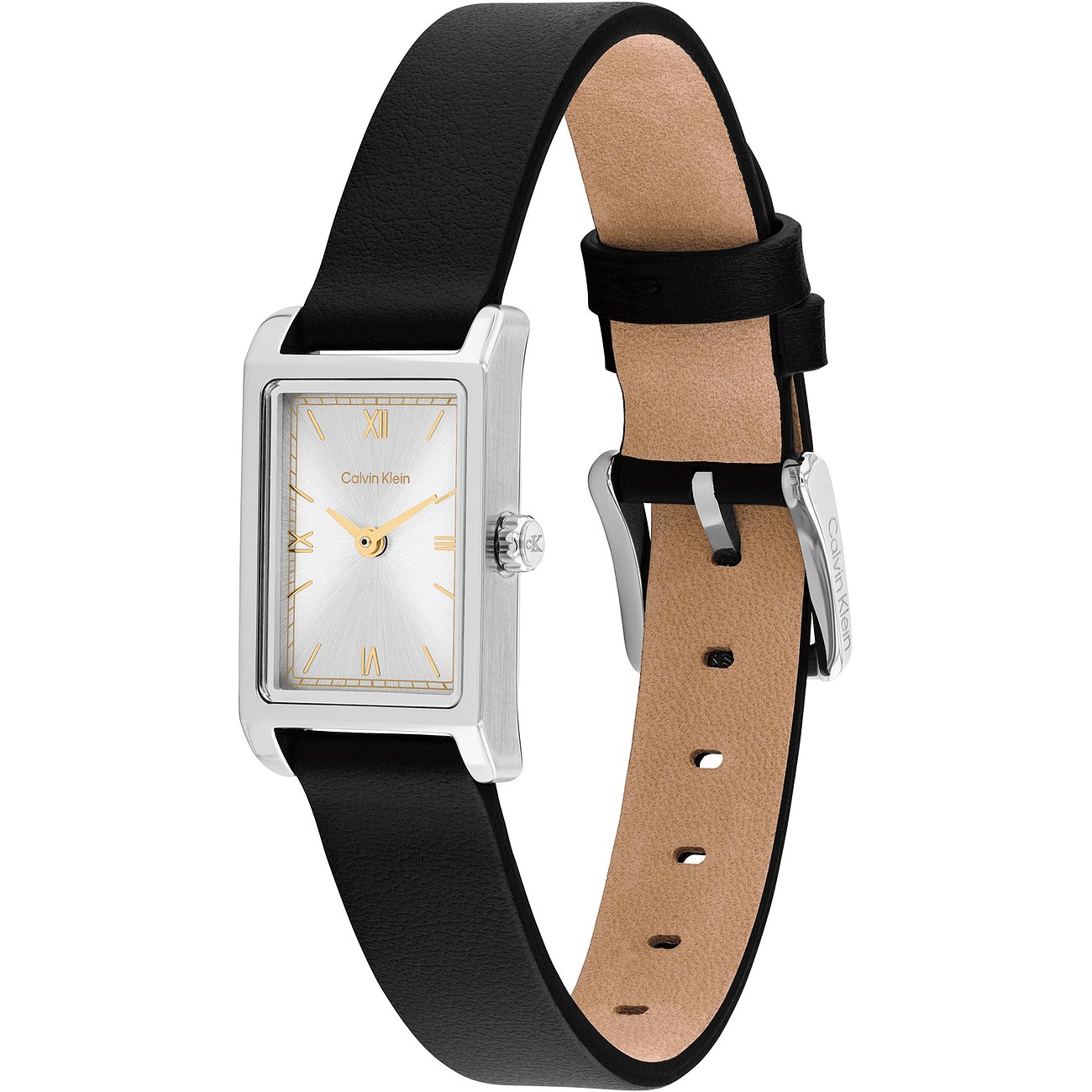 Calvin Klein Damenuhr aus Edelstahl mit rechteckigem Zifferblatt und schwarzem Lederband, Draufsicht.