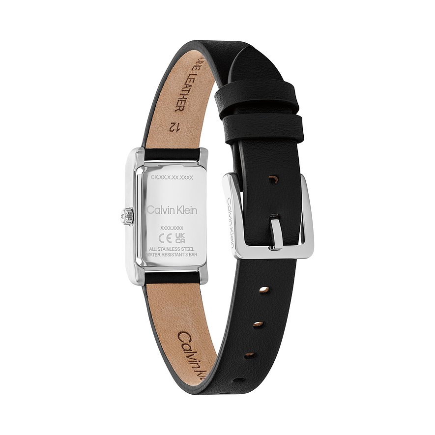 Rückansicht der Calvin Klein Damenuhr aus Edelstahl mit rechteckigem Gehäuse und schwarzem Lederband