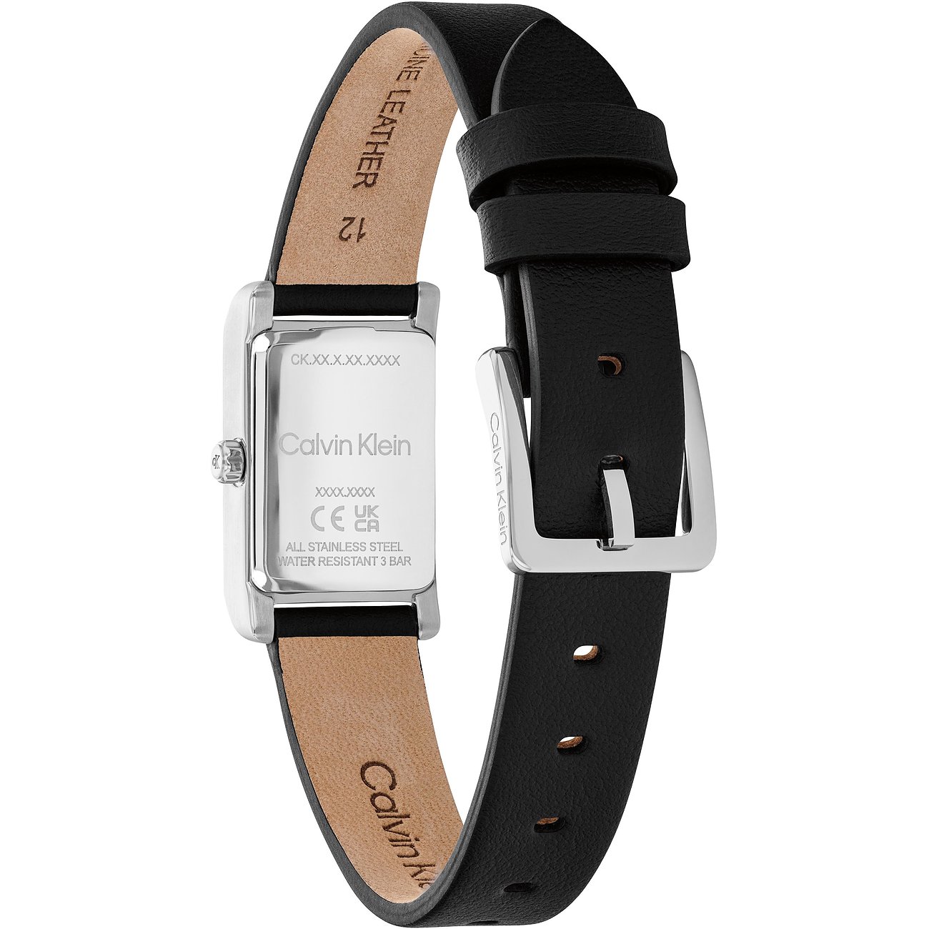 Rückansicht der Calvin Klein Damenuhr aus Edelstahl mit rechteckigem Gehäuse und schwarzem Lederband