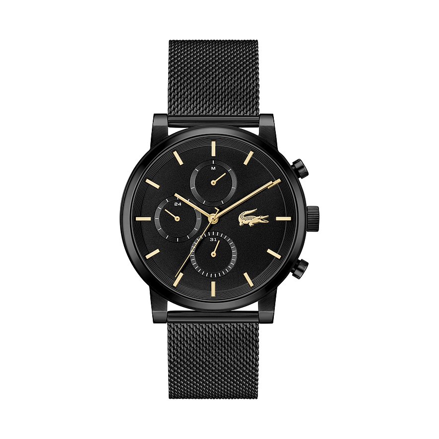 Lacoste Herrenuhr aus schwarzem Edelstahl mit schwarzem Zifferblatt, Dornschließe und Mesh-Armband, Frontansicht.