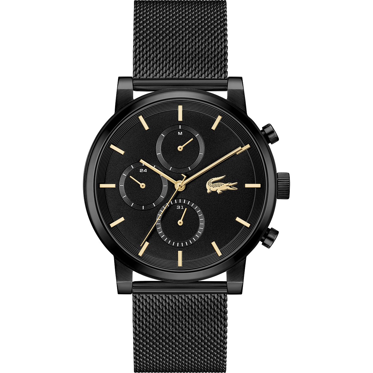 Lacoste Herrenuhr aus schwarzem Edelstahl mit schwarzem Zifferblatt, Dornschließe und Mesh-Armband, Frontansicht.