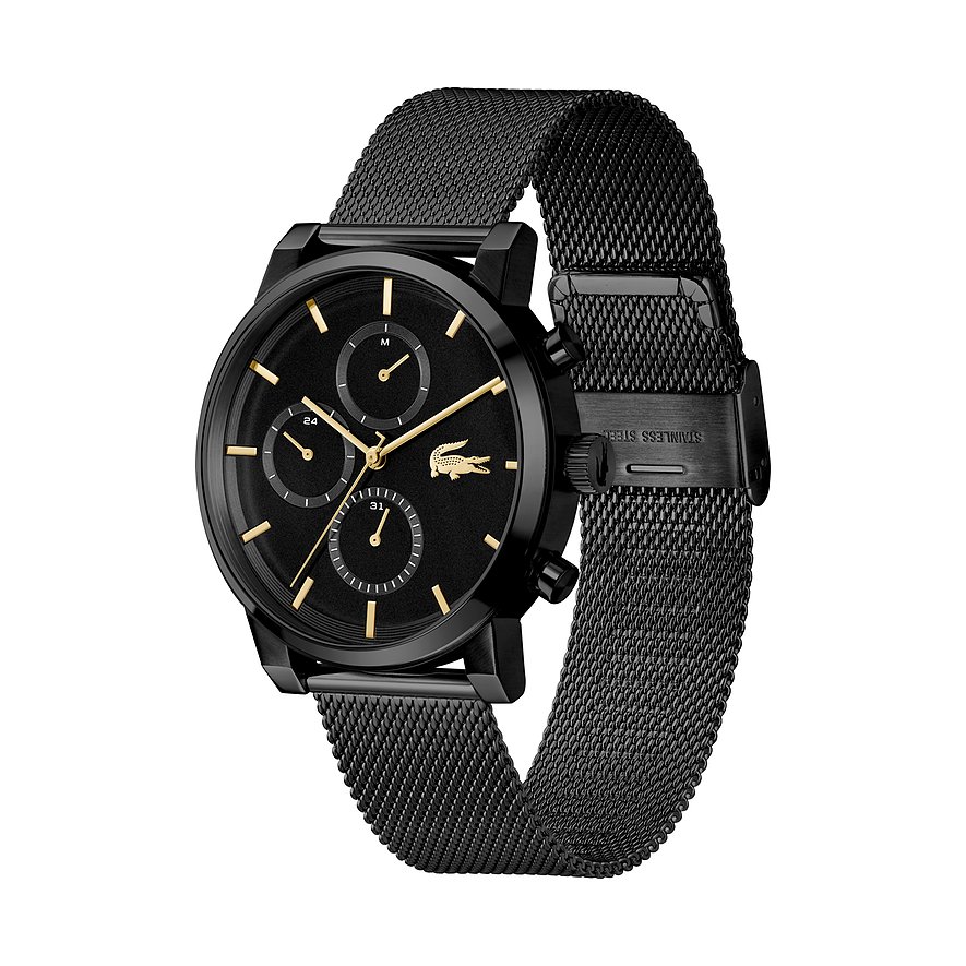 Lacoste Herrenuhr aus schwarzem Edelstahl mit Chronograph und goldfarbenen Akzenten, schräg von oben.