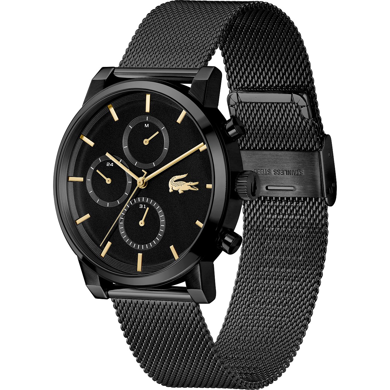 Lacoste Herrenuhr aus schwarzem Edelstahl mit Chronograph und goldfarbenen Akzenten, schräg von oben.