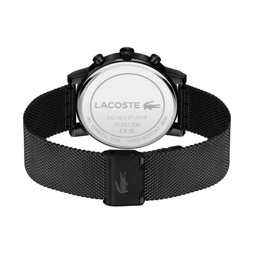 Rückansicht der Lacoste Herrenuhr aus schwarzem Edelstahl mit Lacoste-Logo auf der Gehäuseunterseite.