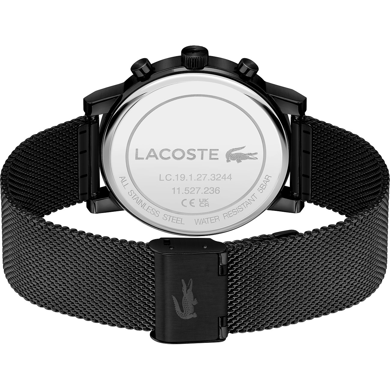 Rückansicht der Lacoste Herrenuhr aus schwarzem Edelstahl mit Lacoste-Logo auf der Gehäuseunterseite.