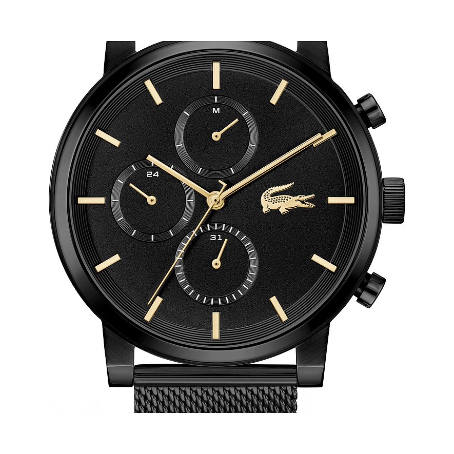 Lacoste Herrenuhr aus schwarzem Edelstahl mit Chronograph und goldfarbenen Zeigern und Indizes.