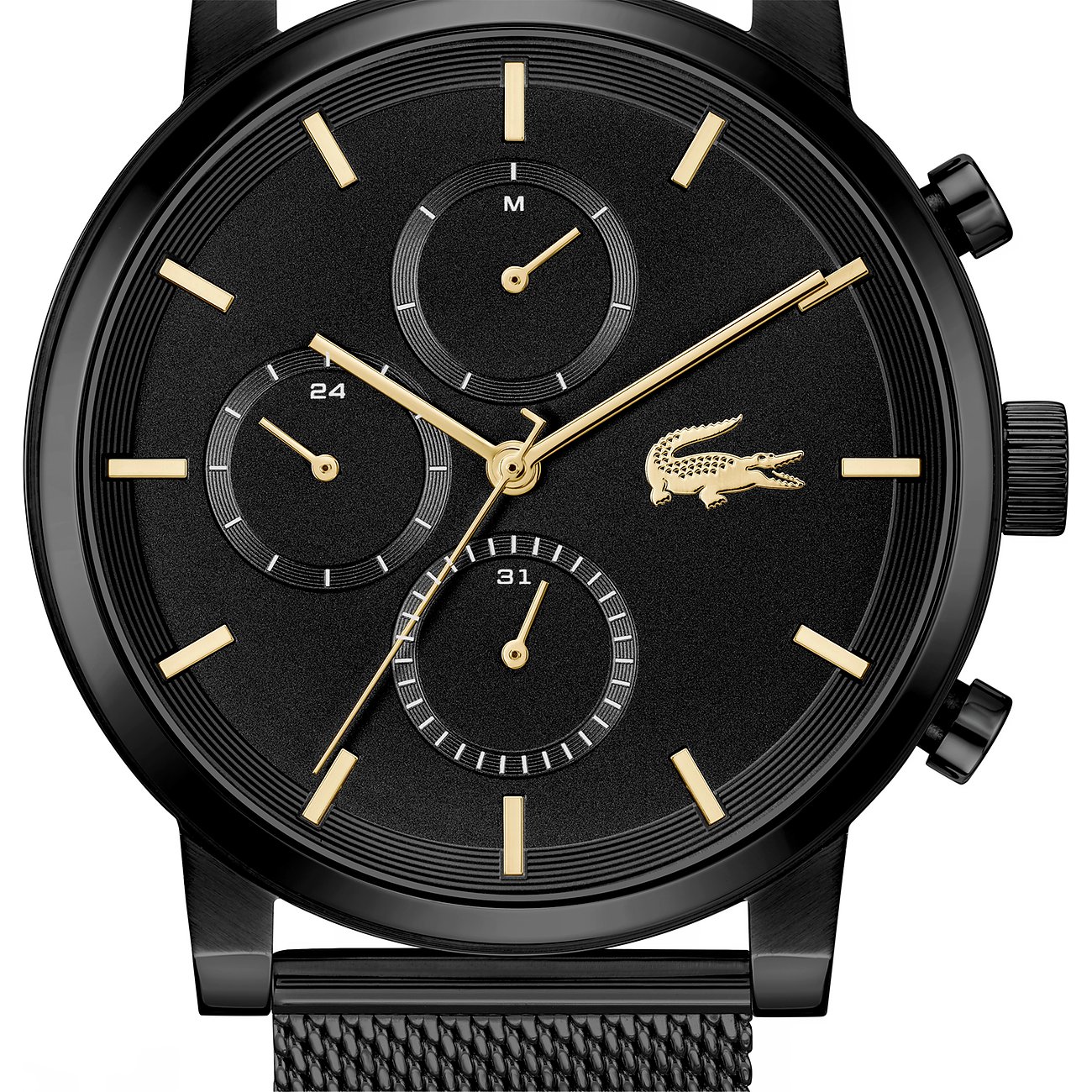 Lacoste Herrenuhr aus schwarzem Edelstahl mit Chronograph und goldfarbenen Zeigern und Indizes.
