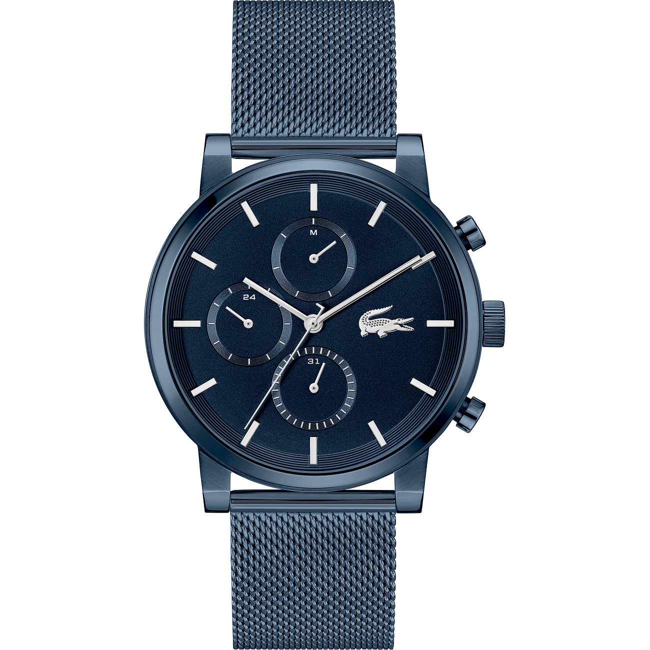 Lacoste herenhorloge van blauw roestvrij staal, chronograaf, zilverkleurige wijzers en krokodillenlogo op witte achtergrond.