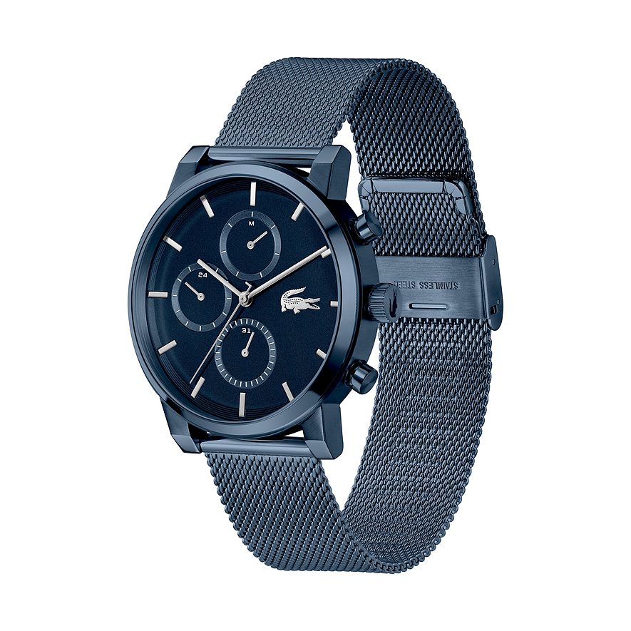 Lacoste herenhorloge: blauw roestvrij staal, chronograaf, blauwe mesh band, elegant afgebeeld van rechtsboven.