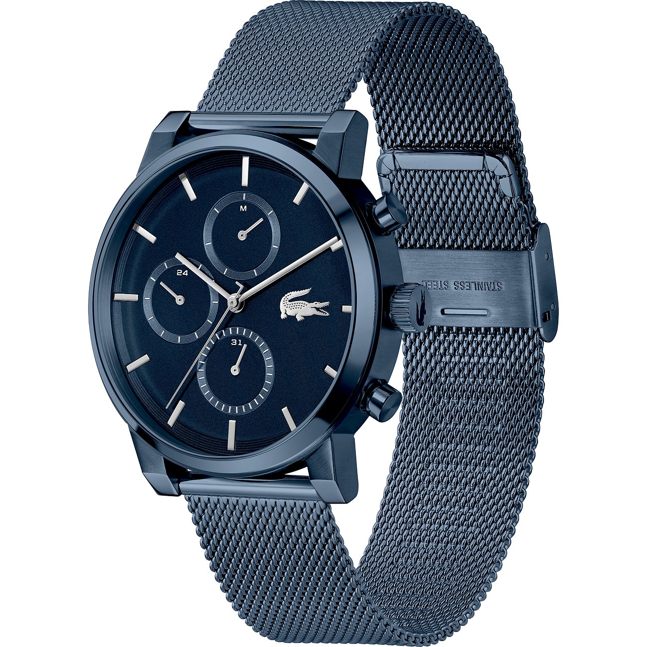 Lacoste herenhorloge: blauw roestvrij staal, chronograaf, blauwe mesh band, elegant afgebeeld van rechtsboven.