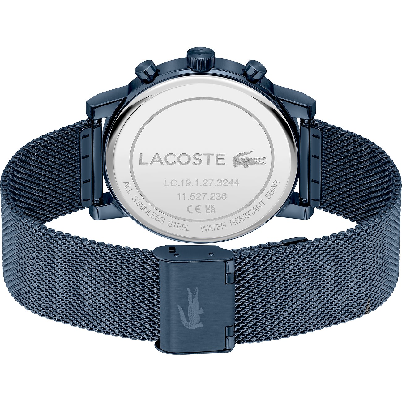 Achteraanzicht van het Lacoste herenhorloge met donkerblauwe kast en roestvrijstalen band met sluiting.