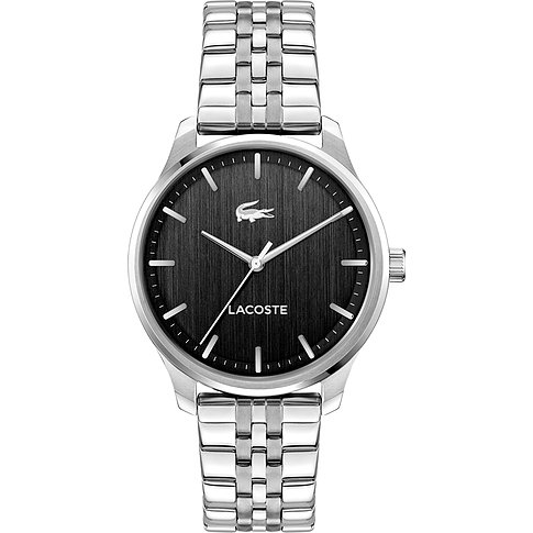Een elegant Lacoste herenhorloge van roestvrij staal met een groene wijzerplaat en edelstalen band.