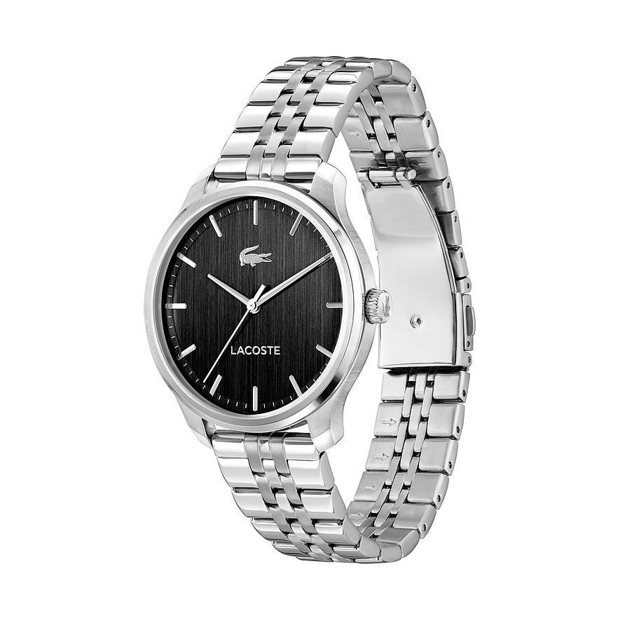 Lacoste Herrenuhr aus Edelstahl mit grünem Zifferblatt und silberfarbenen Indizes, in Nahaufnahme.