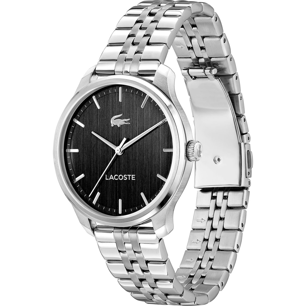 Lacoste Herrenuhr aus Edelstahl mit grünem Zifferblatt und silberfarbenen Indizes, in Nahaufnahme.