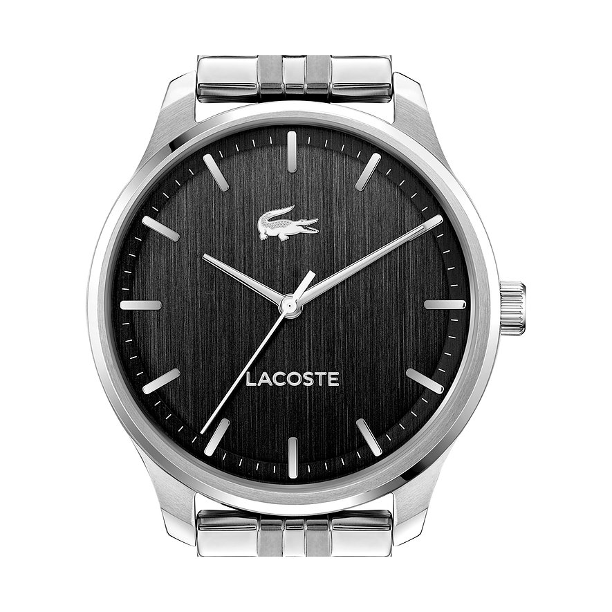 Rückansicht der Lacoste Herrenuhr aus Edelstahl mit sichtbarem Uhrenboden und Krokodil-Details auf der Schließe.