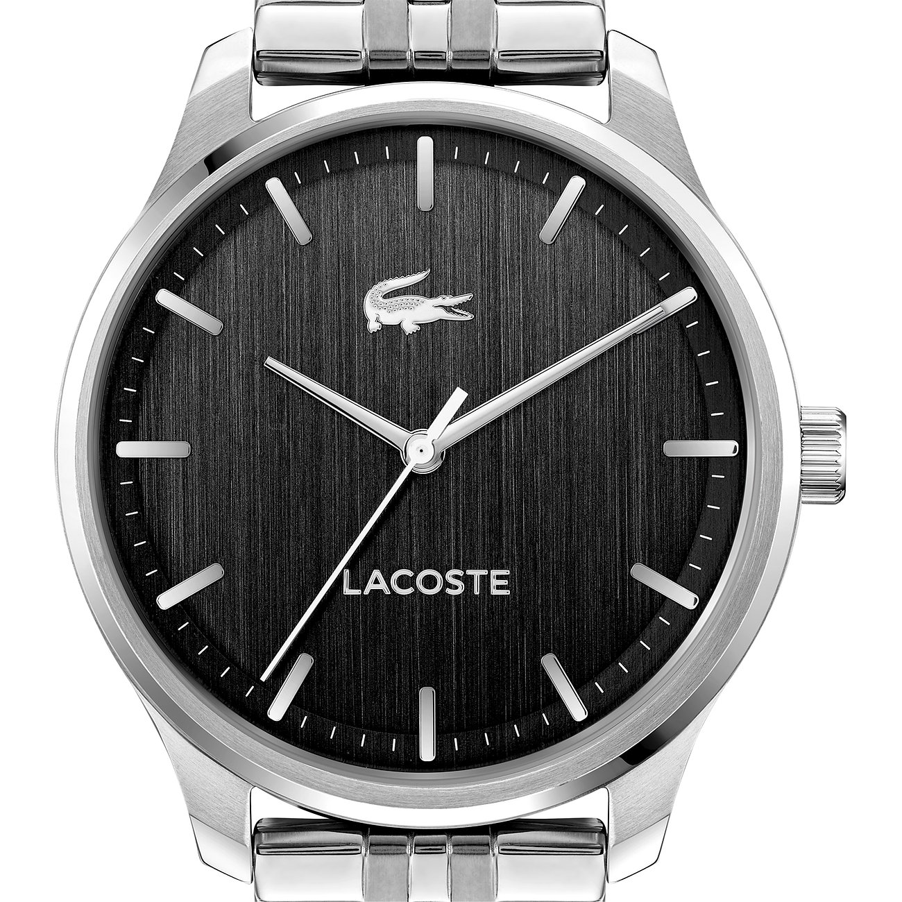 Rückansicht der Lacoste Herrenuhr aus Edelstahl mit sichtbarem Uhrenboden und Krokodil-Details auf der Schließe.