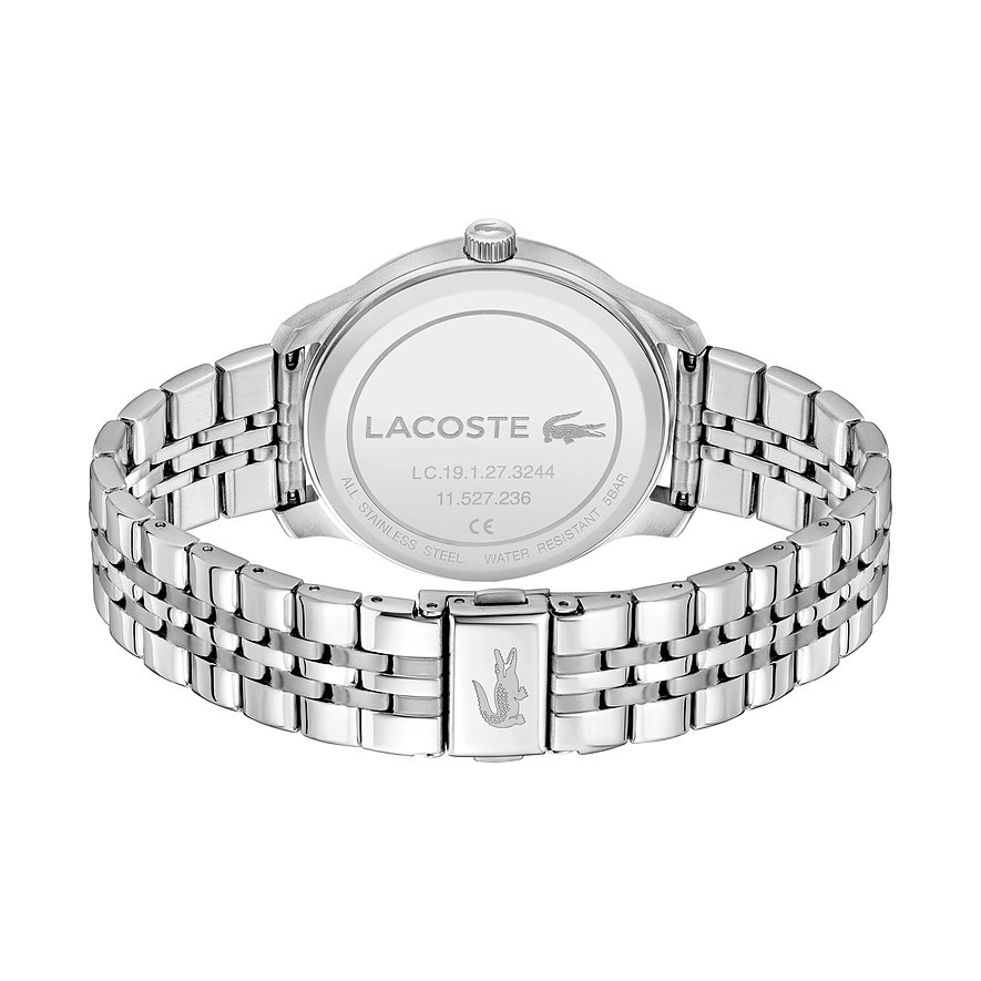 Nahaufnahme einer Lacoste Herrenuhr aus Edelstahl mit einem grünen Zifferblatt und silberfarbenen Stundenmarkierungen.