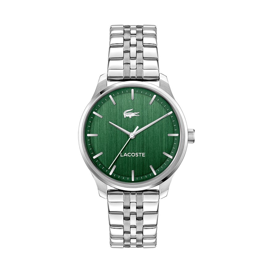 Lacoste Herrenuhr aus Edelstahl in Silber mit schwarzem Zifferblatt und silberfarbenen Indizes.