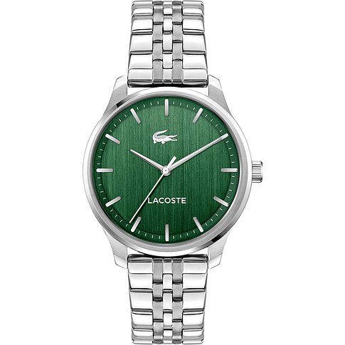 Lacoste herenhorloge van zilverkleurig rvs met zwarte wijzerplaat en zilverkleurige indexen.