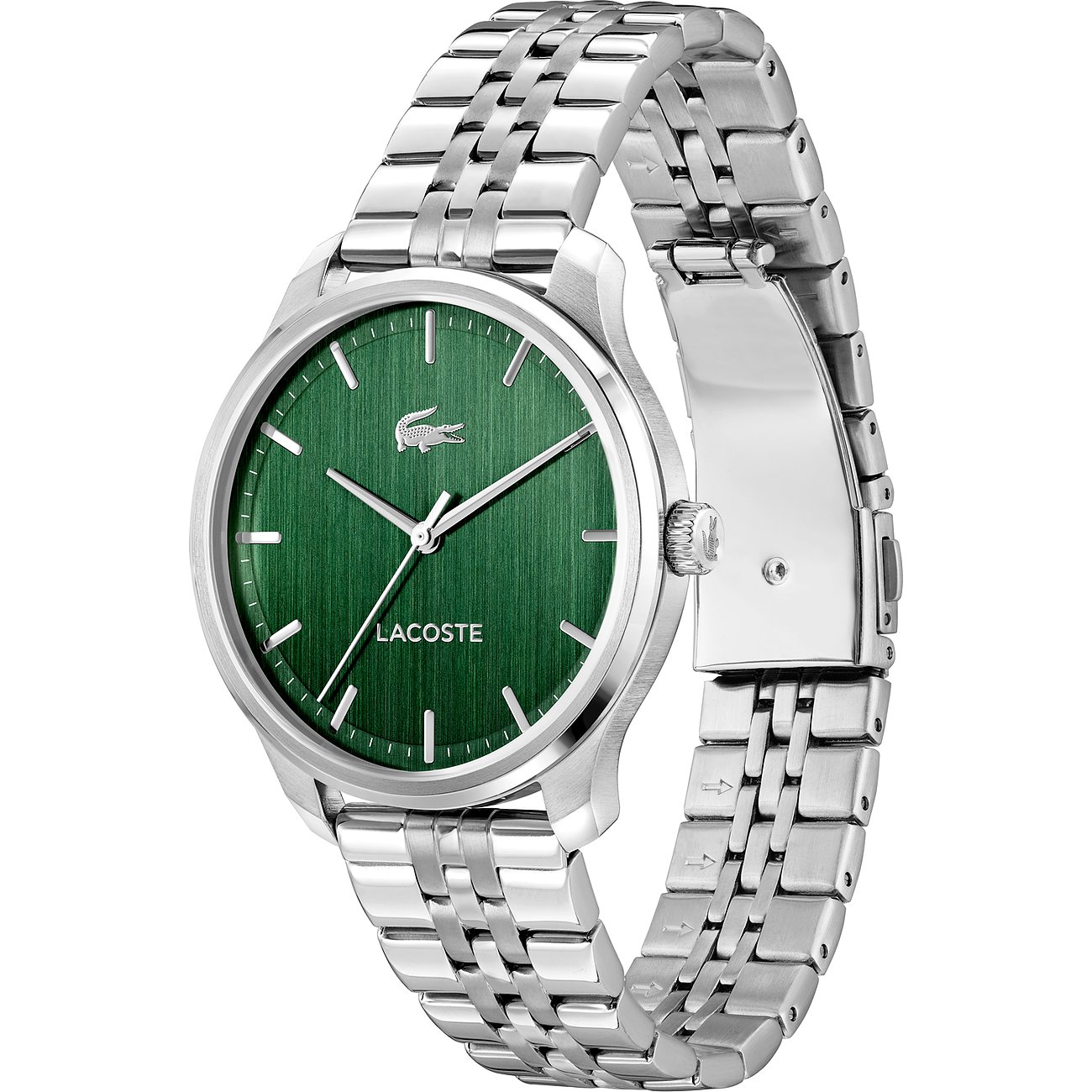 Die Lacoste Herrenuhr aus Edelstahl mit dunklem Zifferblatt, von schräg oben von links fotografiert.