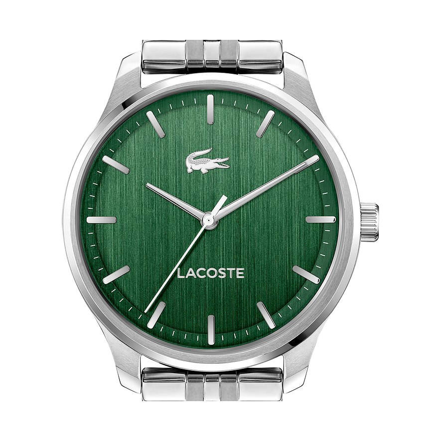 Rückseite einer Lacoste Herrenuhr aus Edelstahl, mit Markenlogo auf dem Gehäuseboden und Krokodil-Details auf der Schließe.