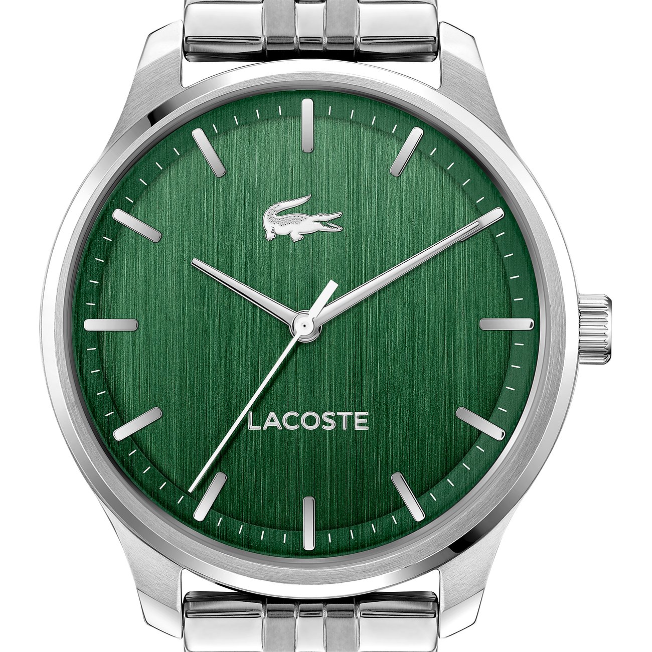Rückseite einer Lacoste Herrenuhr aus Edelstahl, mit Markenlogo auf dem Gehäuseboden und Krokodil-Details auf der Schließe.