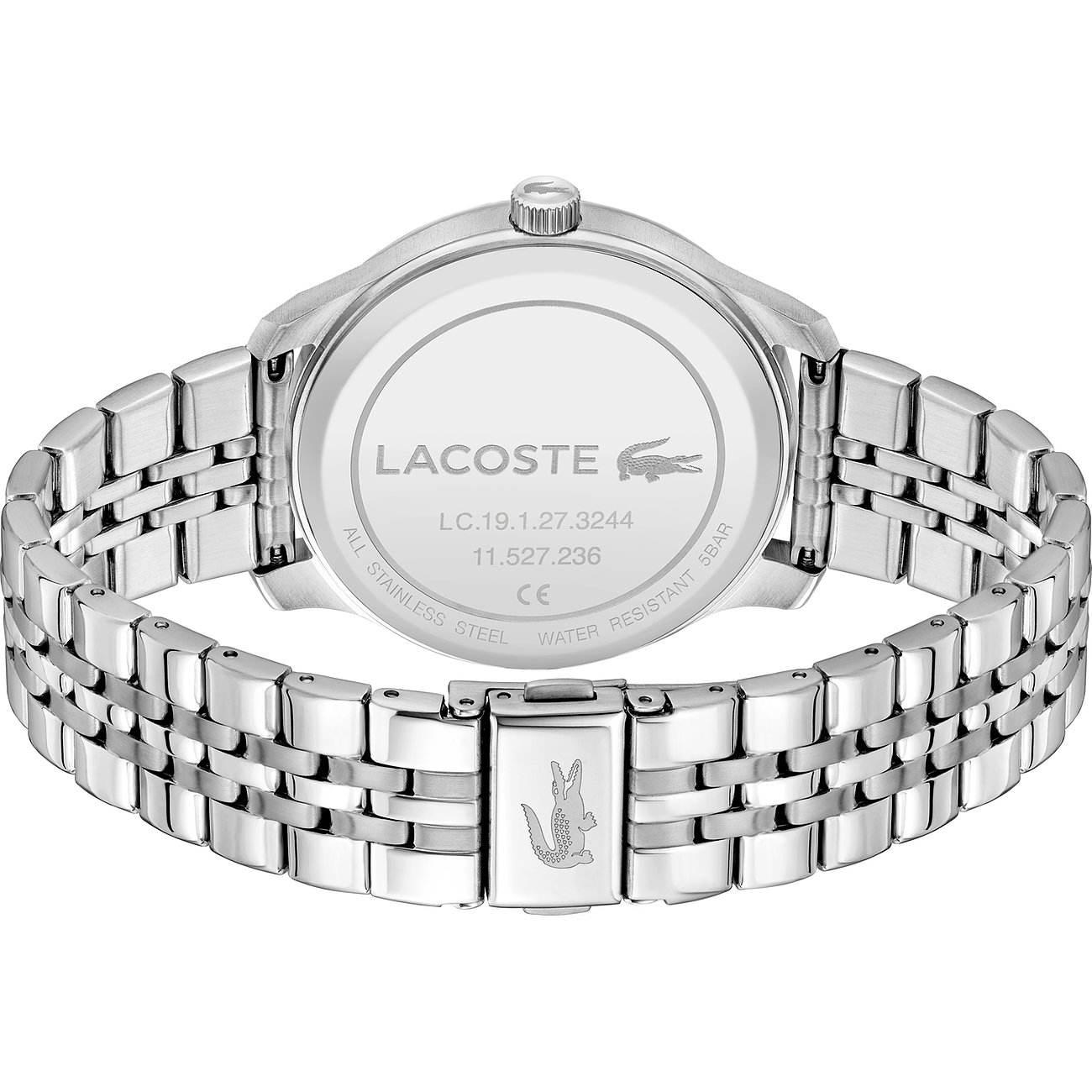 Lacoste Herrenuhr aus silberfarbenem Edelstahl mit schwarzem Zifferblatt und silbernen Zeigern.