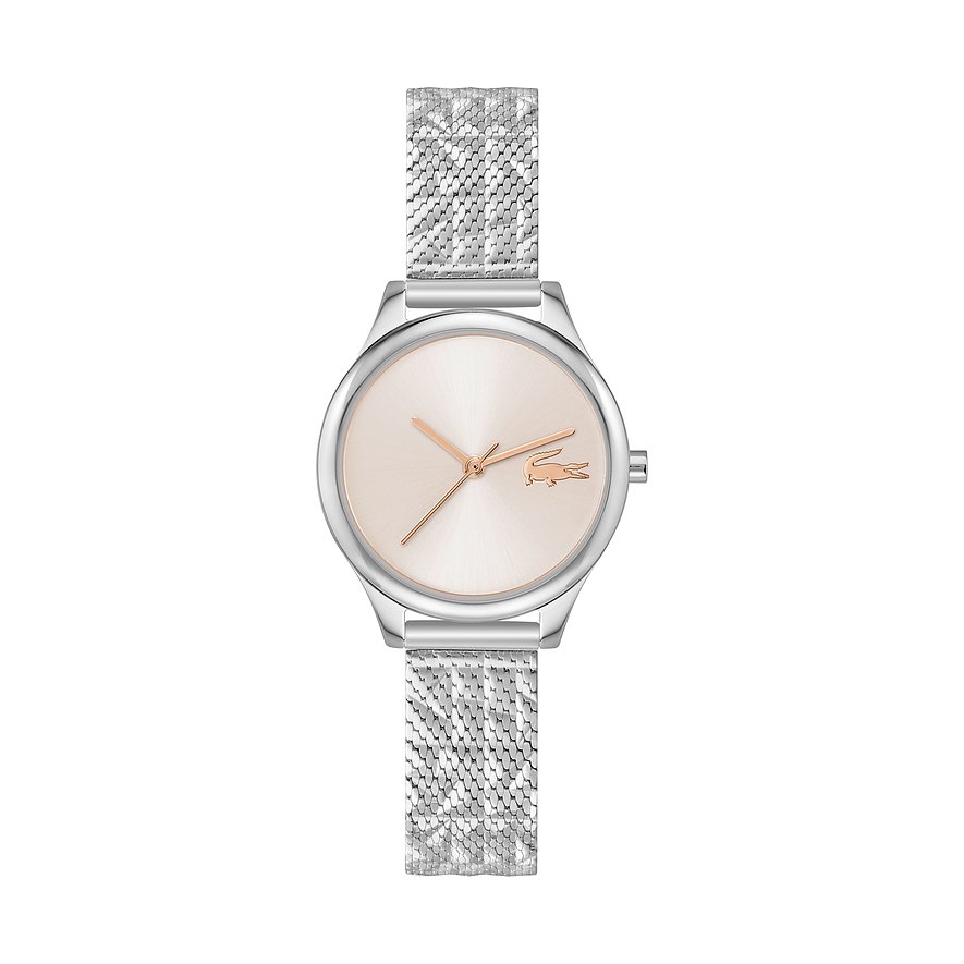Lacoste Damenuhr aus Edelstahl mit silbernem Mesh-Armband und hellem Zifferblatt mit roségoldenen Details.