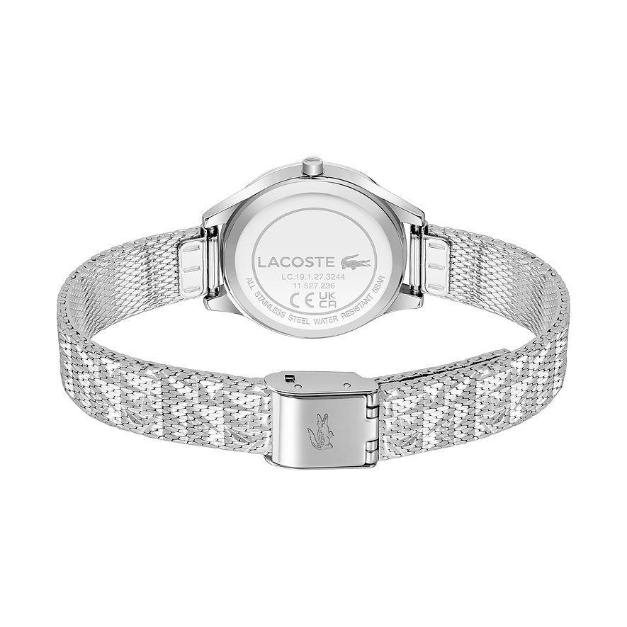 Rückansicht der Lacoste Damenuhr aus mattem Edelstahl mit einem Milanaise-Armband und Logo-Gravuren auf der Schließe.