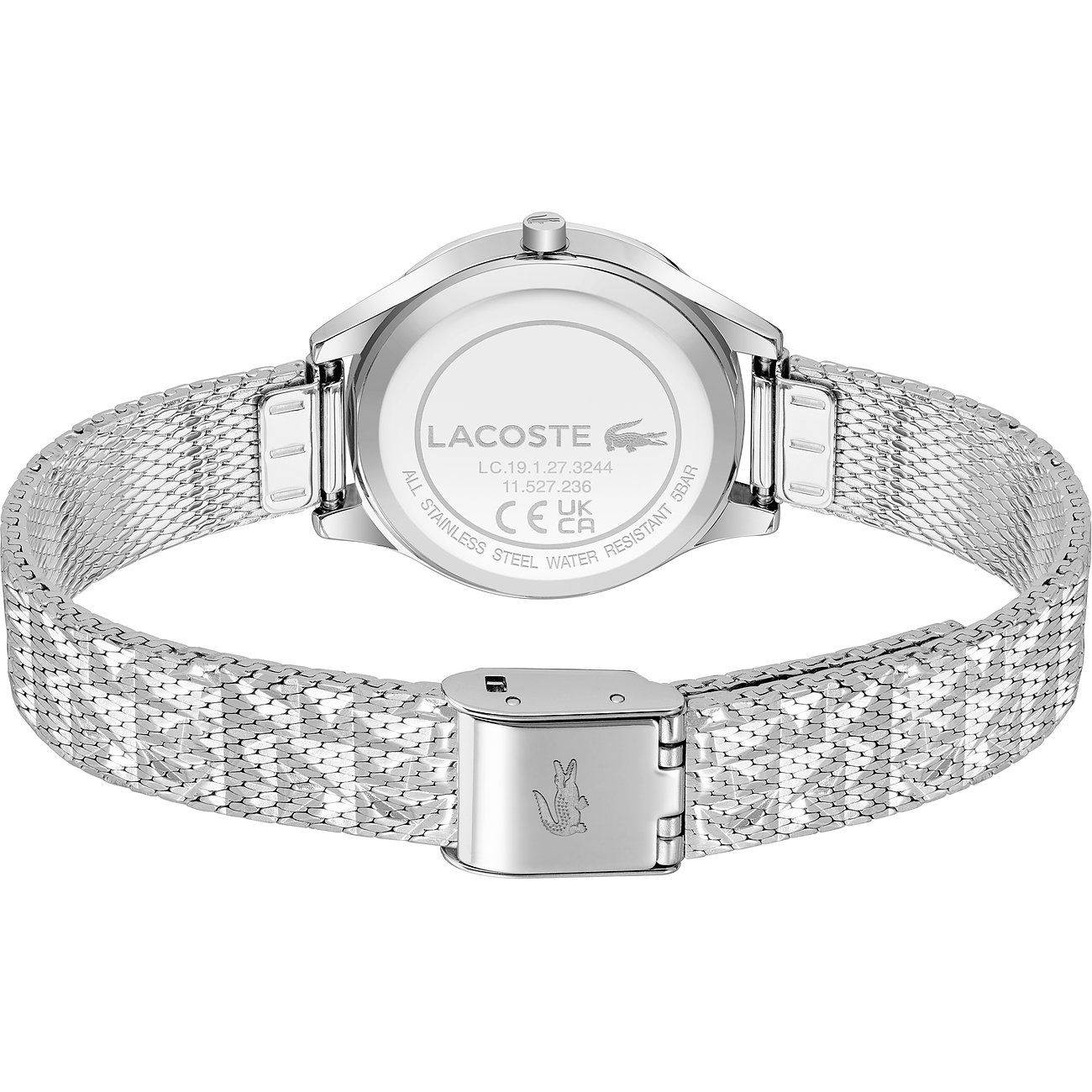 Rückansicht der Lacoste Damenuhr aus mattem Edelstahl mit einem Milanaise-Armband und Logo-Gravuren auf der Schließe.