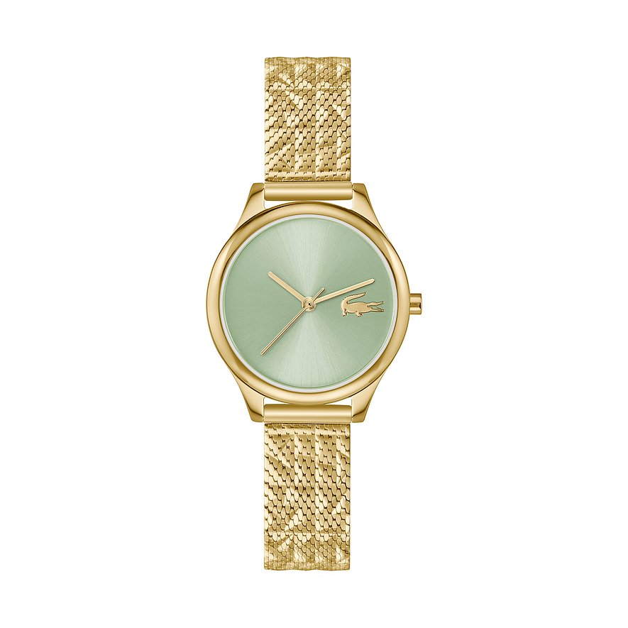 Lacoste Damenuhr aus goldfarbenem Edelstahl mit mintgrünem Zifferblatt und feinem Milanaise-Armband.