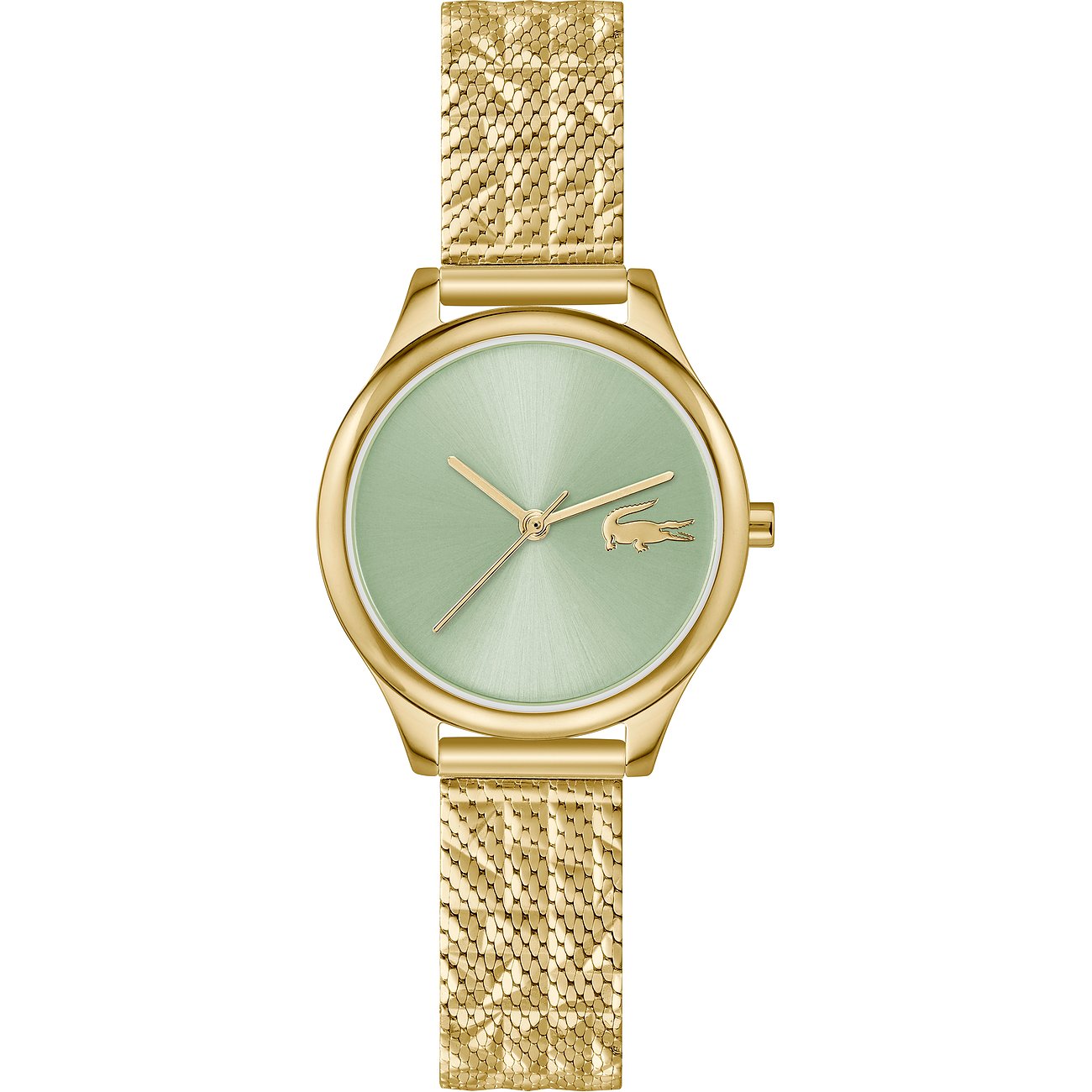 Lacoste Damenuhr aus goldfarbenem Edelstahl mit mintgrünem Zifferblatt und feinem Milanaise-Armband.