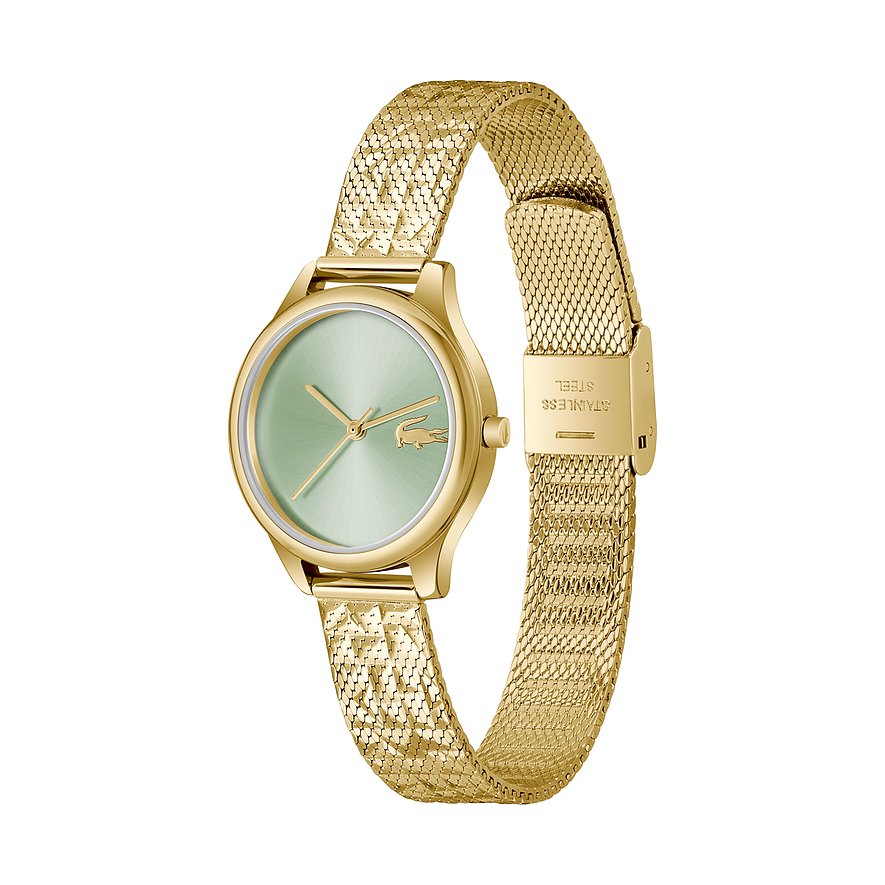 Lacoste Damenuhr: goldfarbener Edelstahl, mintgrünes Zifferblatt, feingliedriges Mesh-Armband, das sich schlingt.
