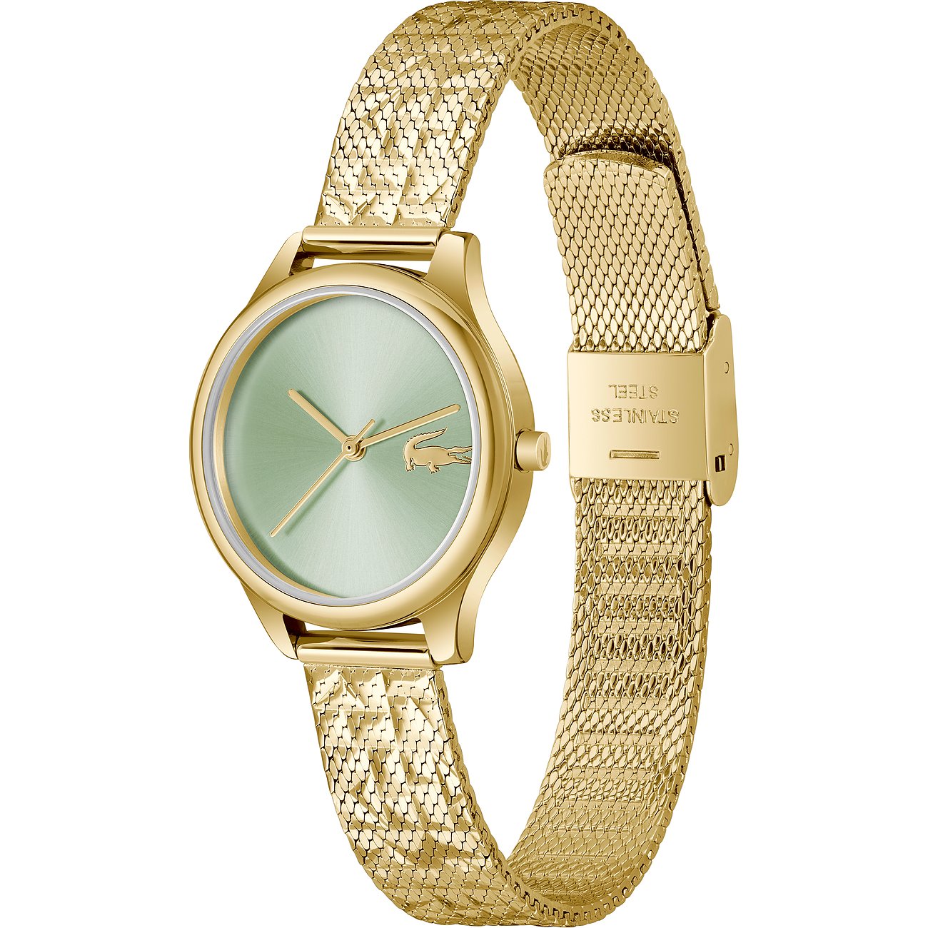 Lacoste Damenuhr: goldfarbener Edelstahl, mintgrünes Zifferblatt, feingliedriges Mesh-Armband, das sich schlingt.