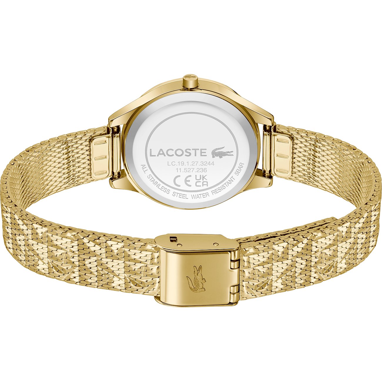 Rückansicht der Lacoste Damenuhr aus goldfarbenem Edelstahl mit eingraviertem Krokodil-Logo auf Gehäuse und Verschluss.