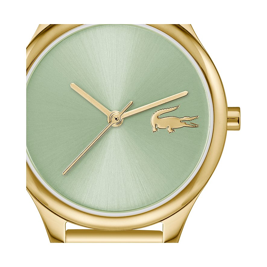 Nahaufnahme einer Lacoste Damenuhr aus goldfarbenem Edelstahl mit mintgrünem Zifferblatt und goldenen Zeigern.