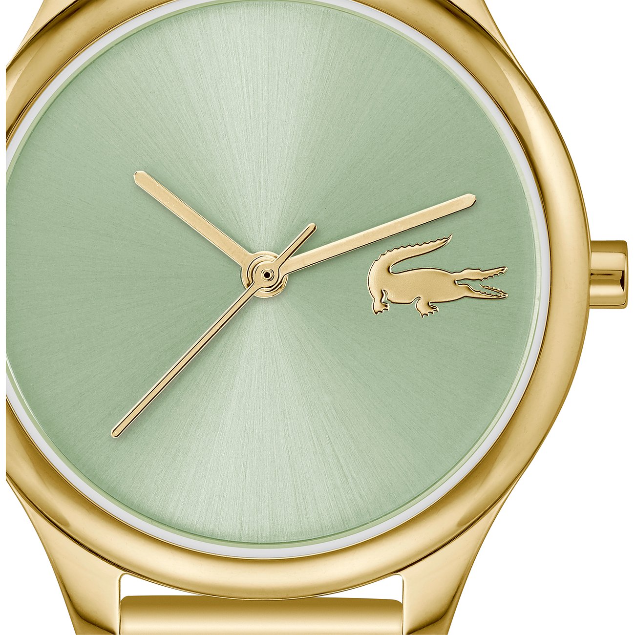 Nahaufnahme einer Lacoste Damenuhr aus goldfarbenem Edelstahl mit mintgrünem Zifferblatt und goldenen Zeigern.
