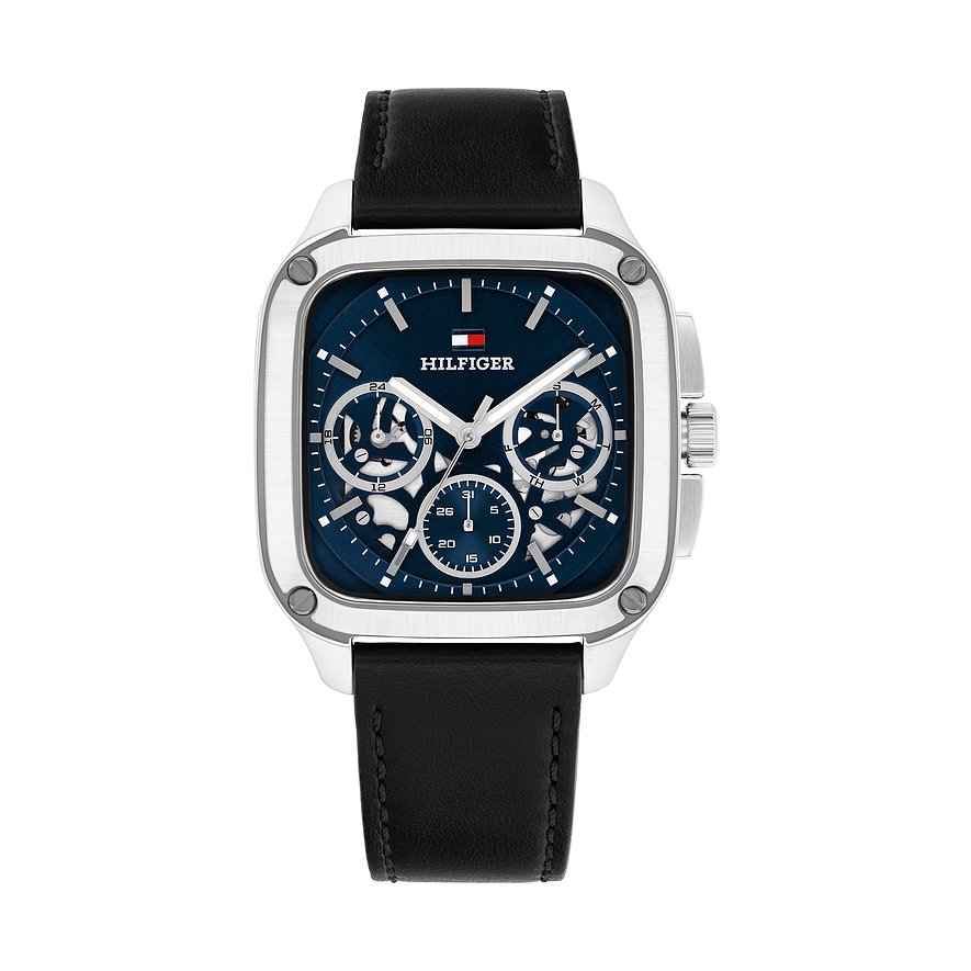 Tommy Hilfiger herenhorloge: blauw rvs, vierkante kast, zwarte lederen band, wijzerplaat met totalisatoren.