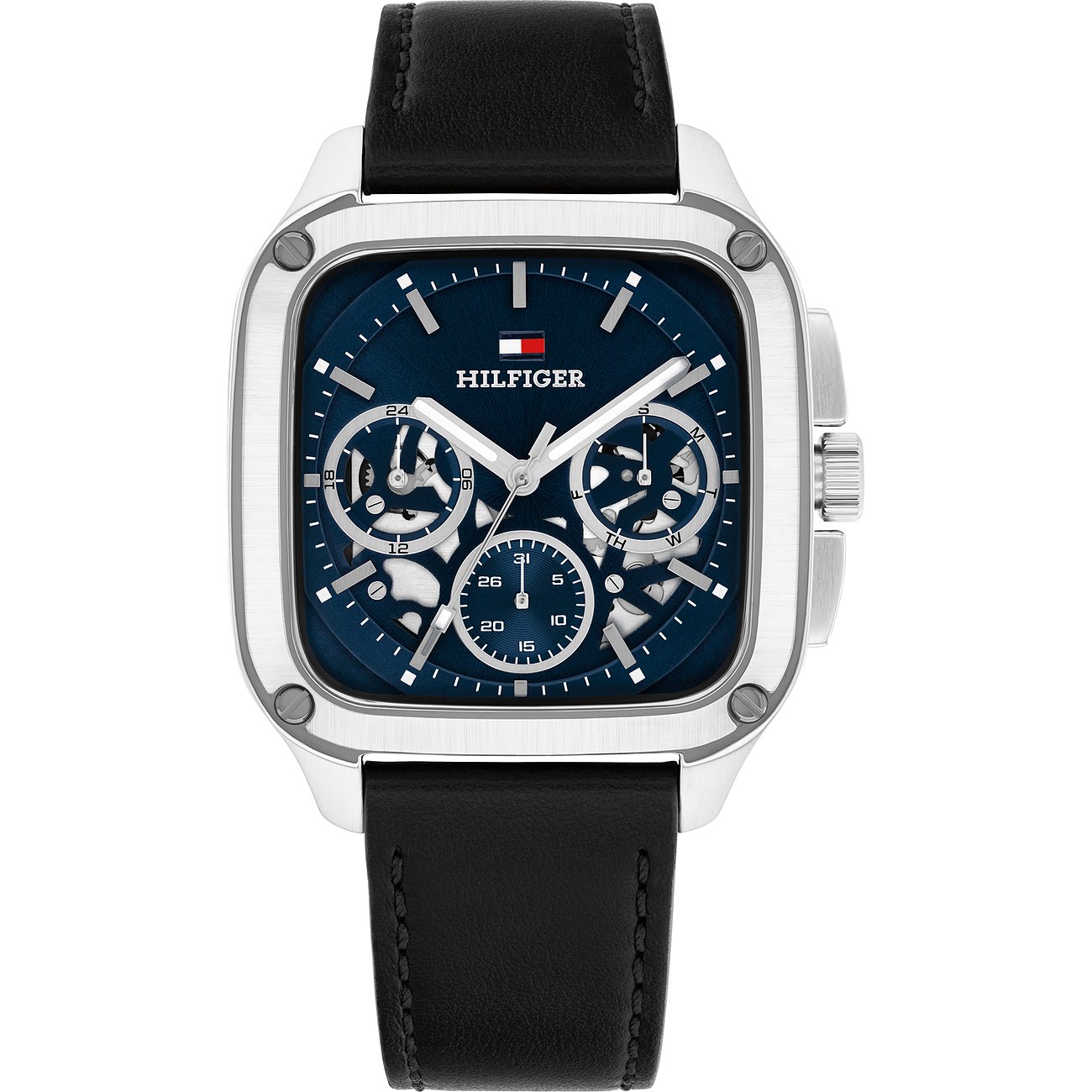 Tommy Hilfiger herenhorloge: blauw rvs, vierkante kast, zwarte lederen band, wijzerplaat met totalisatoren.