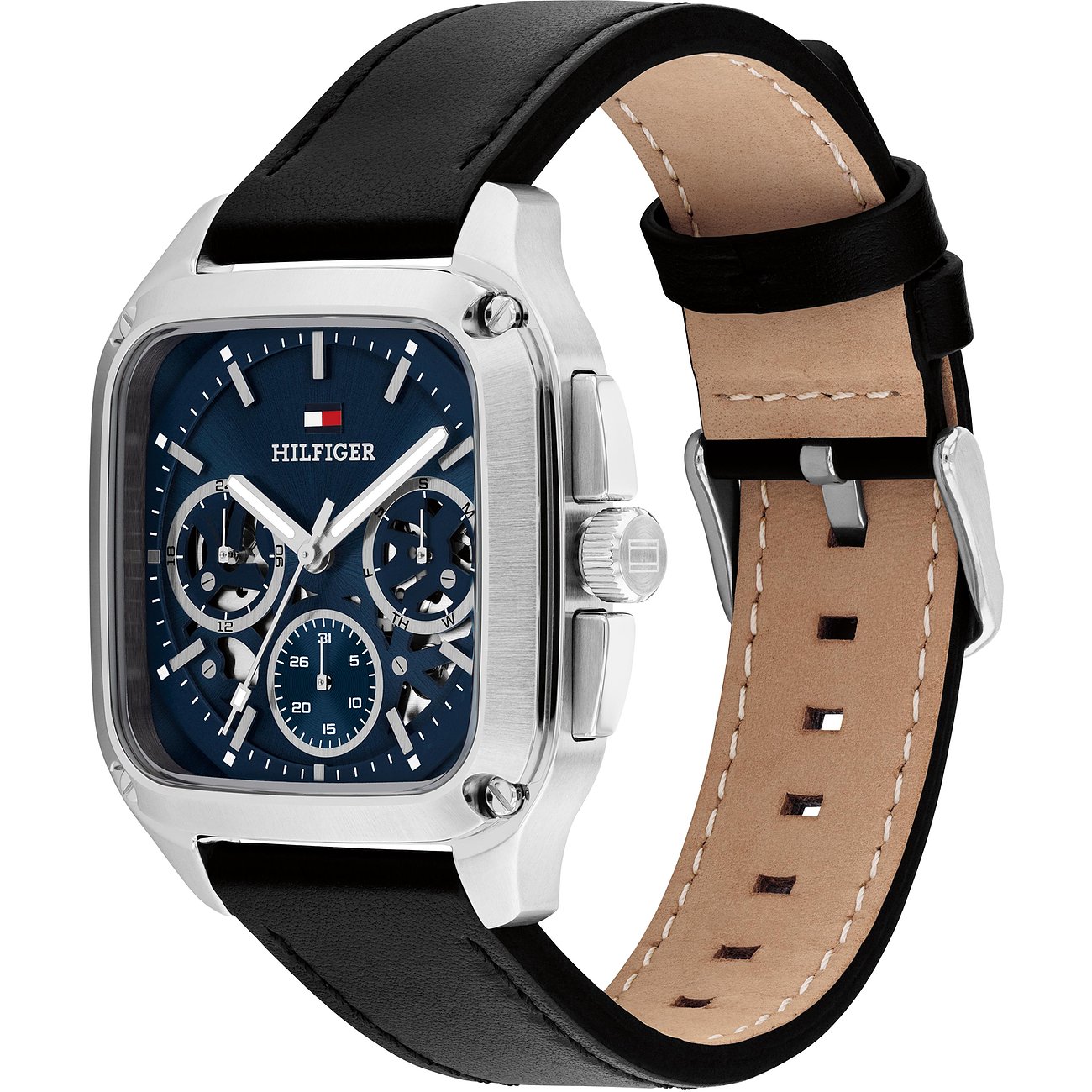 Tommy Hilfiger herenhorloge edelstaal, vierkante kast, blauwe wijzerplaat, zwart leren band, schuin van boven.