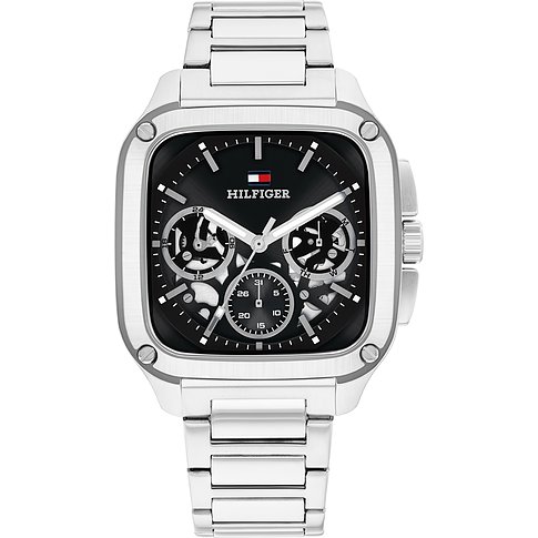 Eine viereckige Herrenuhr von Tommy Hilfiger aus Edelstahl mit schwarzem Zifferblatt und silberfarbenen Chronographen.