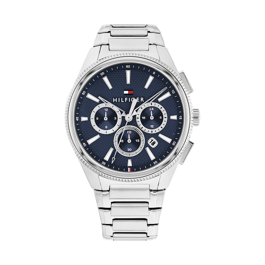 Eine Tommy Hilfiger Herrenuhr aus Edelstahl mit blauem Zifferblatt und Chronographenfunktionen, frontal aufgenommen.
